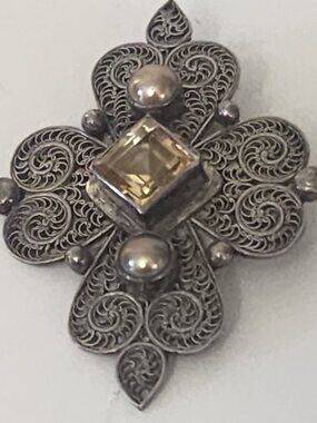 Vintage Sterling  925 Filigree PTI , Citrine   Pendant, Etruscan Revival Cross